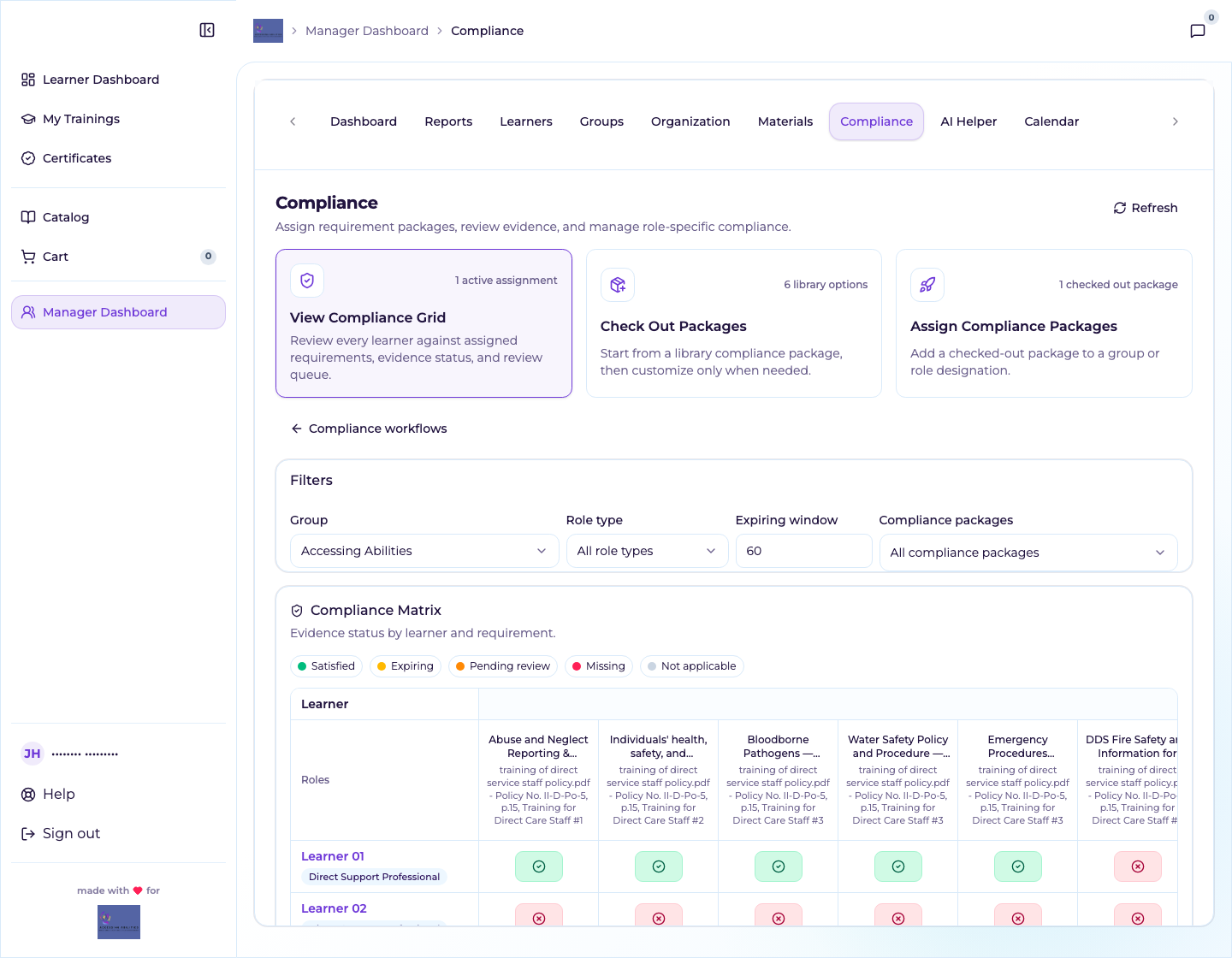 Compliance dashboard showing a real organization compliance matrix with anonymized learner rows.