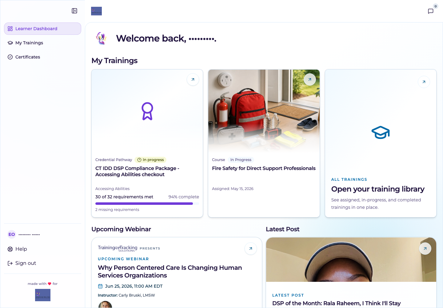 Learner dashboard showing active training, a credential pathway, and a training library.